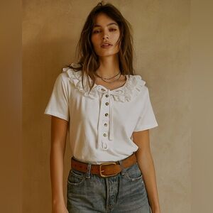 Àcheval Pampa White Ruffle Collar Button Tee Sz L